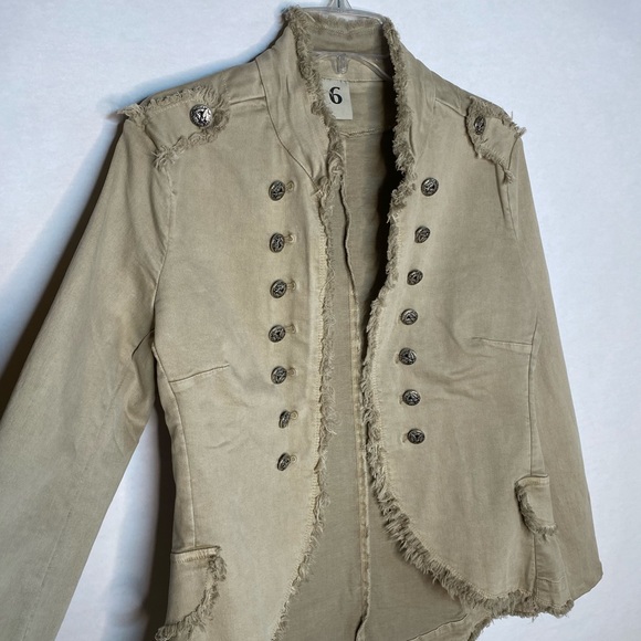 Long Sleeve Open Front Light Denim Military Jacket - Picture 7 of 12